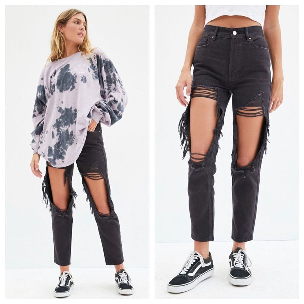 PacSun Ultra High Rise Jeans Destroyed Black Slim Button Fly